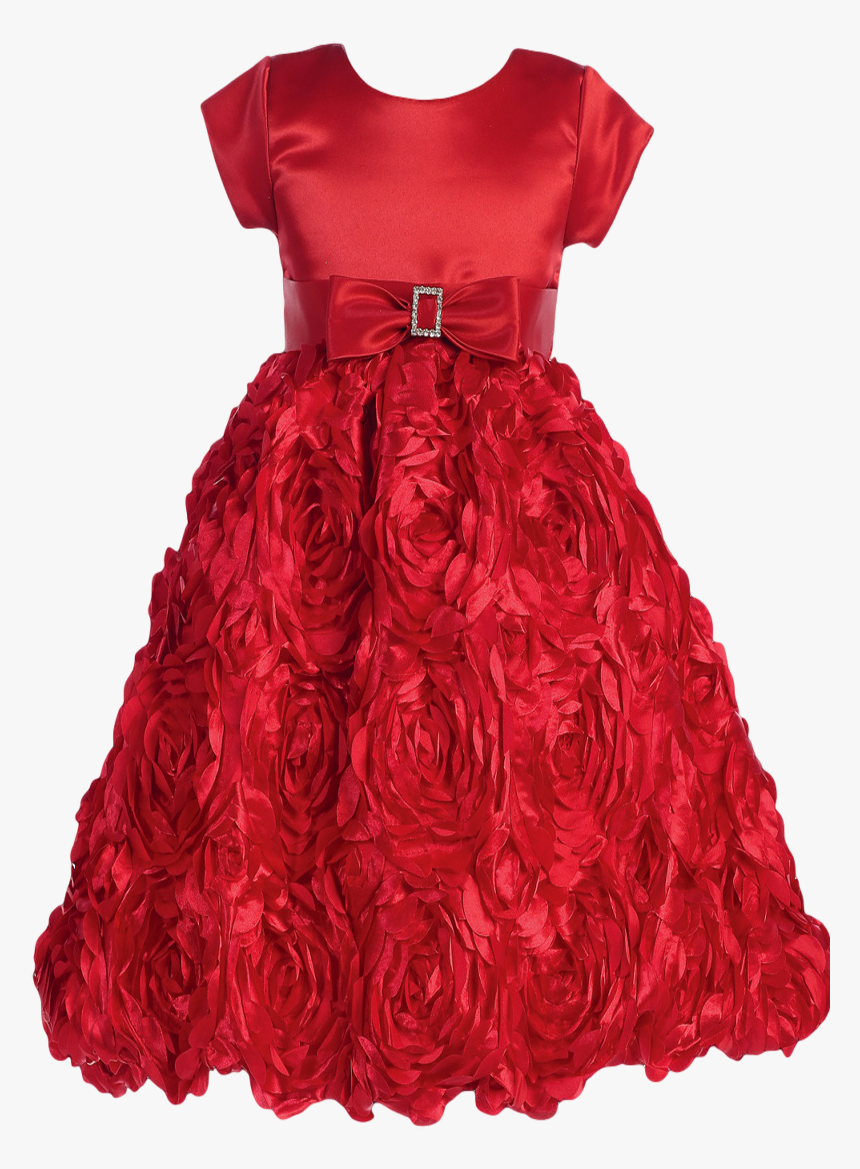 Red Satin Holiday Dress W Floral Satin Ribbon Skirting - Satin, HD Png Download