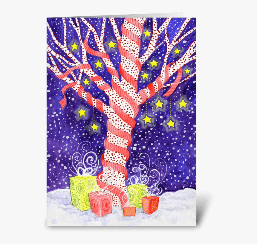 Holiday Tree Ribbon Wrapped With Stars Greeting Card - Greeting Card, HD Png Download