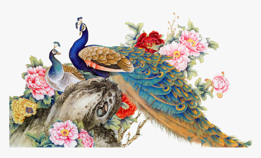 Pavo Real Png - Peacock With Flowers Watercolor, Transparent Png