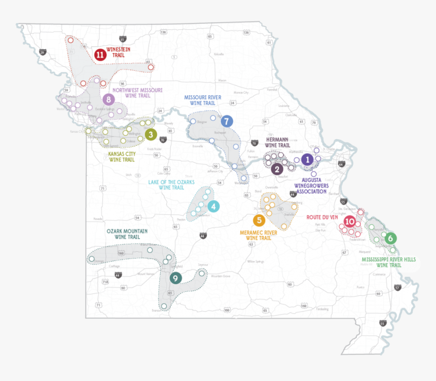 Map Of Missouri S Eleven Wine Trails - St Louis On Missouri Map, HD Png Download