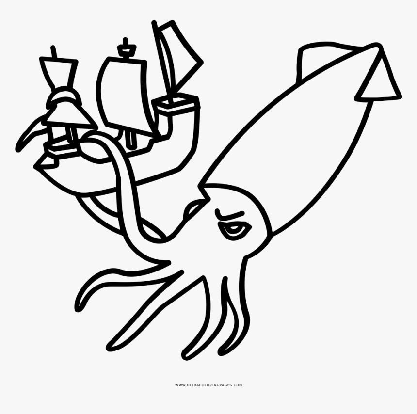 Kraken Coloring Page Squid Black And White, HD Png Download