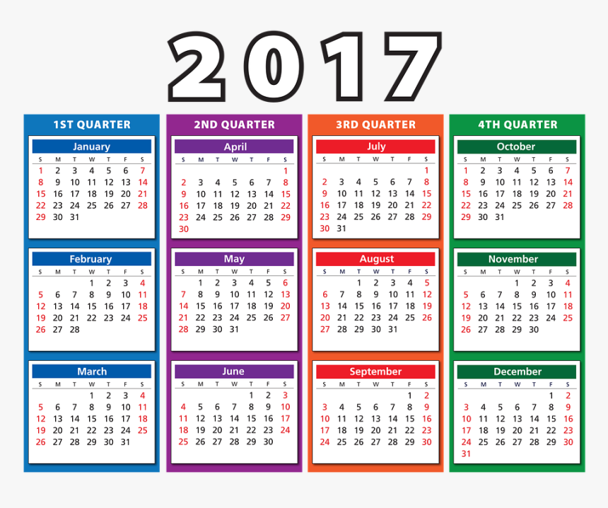 Calendar, Agenda, Schedule, Plan, 2017, Quarters, Weeks - 2017 4th Quarter Calendar, HD Png Download