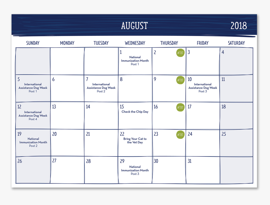 August Social Calendar - Monthly Pet Calendar, HD Png Download