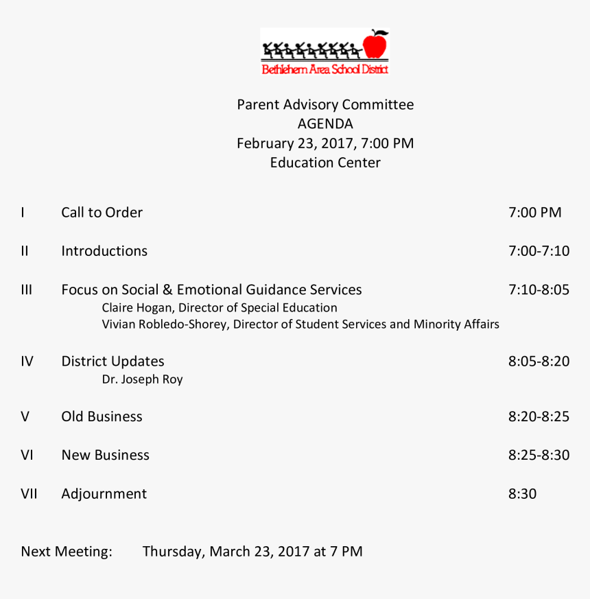 Parent Advisory Committee Agenda Main Image - Bethlehem Area School District, HD Png Download