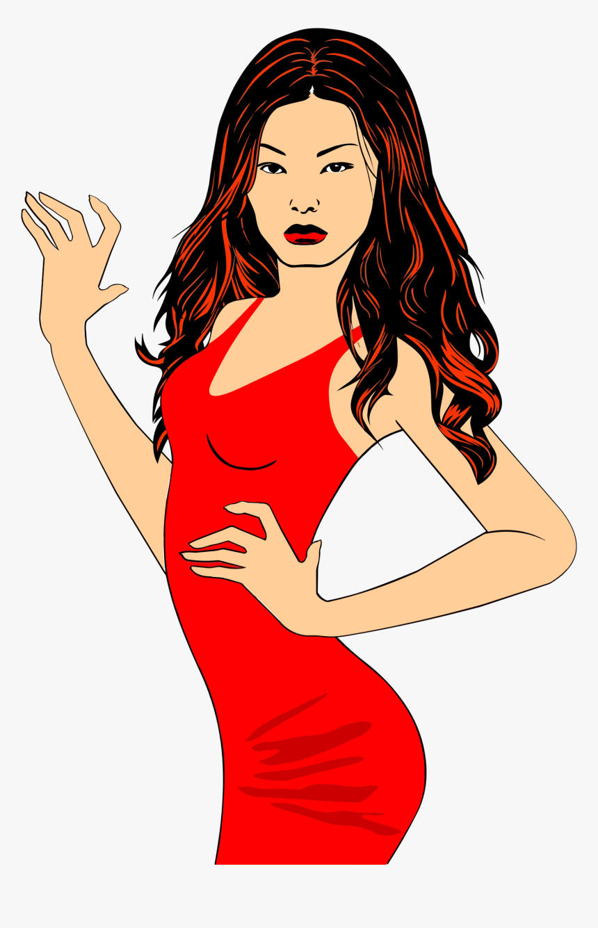 Red Hair,art,black Hair - Clipart Woman In Red, HD Png Download