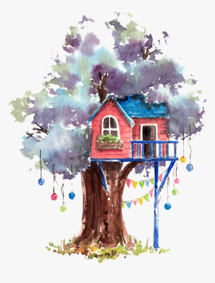 #ftestickers #watercolor #tree #treehouse - Tree House Watercolor, HD Png Download