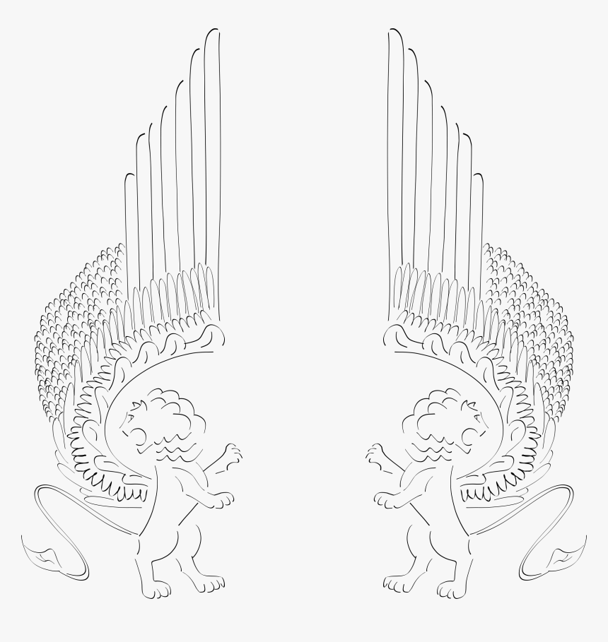 Winged Lions Facing Out Clip Arts - Winged Lions Line Drawing, HD Png Download