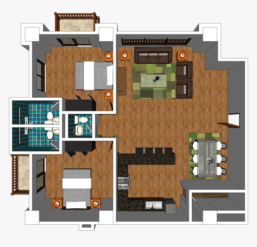 Two- Bedroom With Balcony - Floor Plan, HD Png Download