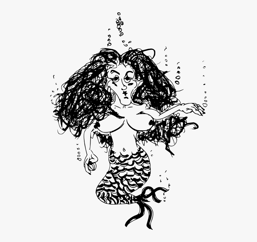 Doodle Wicked Mermaid Black White Line Art 555px - Illustration, HD Png Download