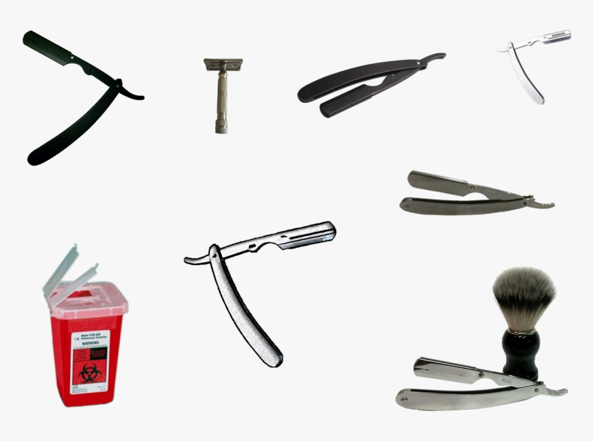 Straight Razor, Brushes, Disposable Bin And Razor Blades - Straight Razor Vs Safety Razor, HD Png Download