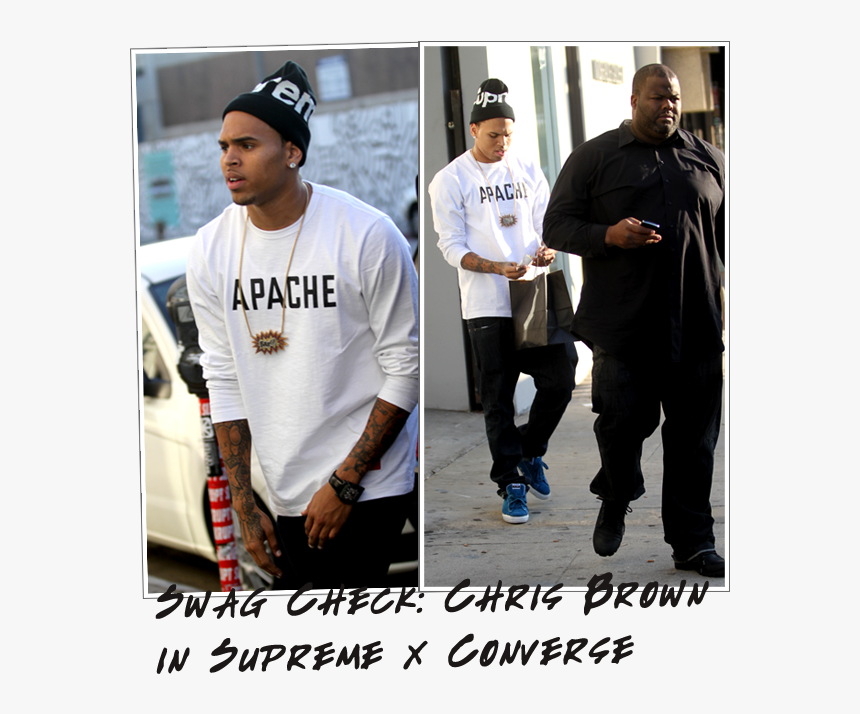 Chris Brown In Supreme Beanie, Apache Tee & Converse - Chris Brown Long Sleeve, HD Png Download
