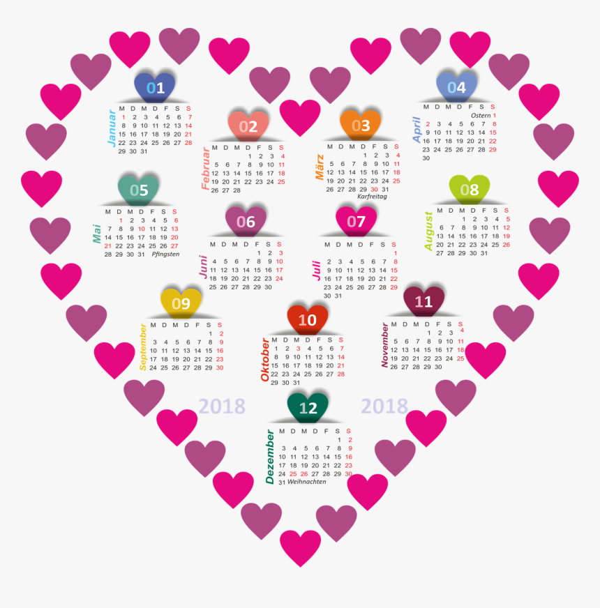 Calendar 2018 Heart Free Picture, HD Png Download