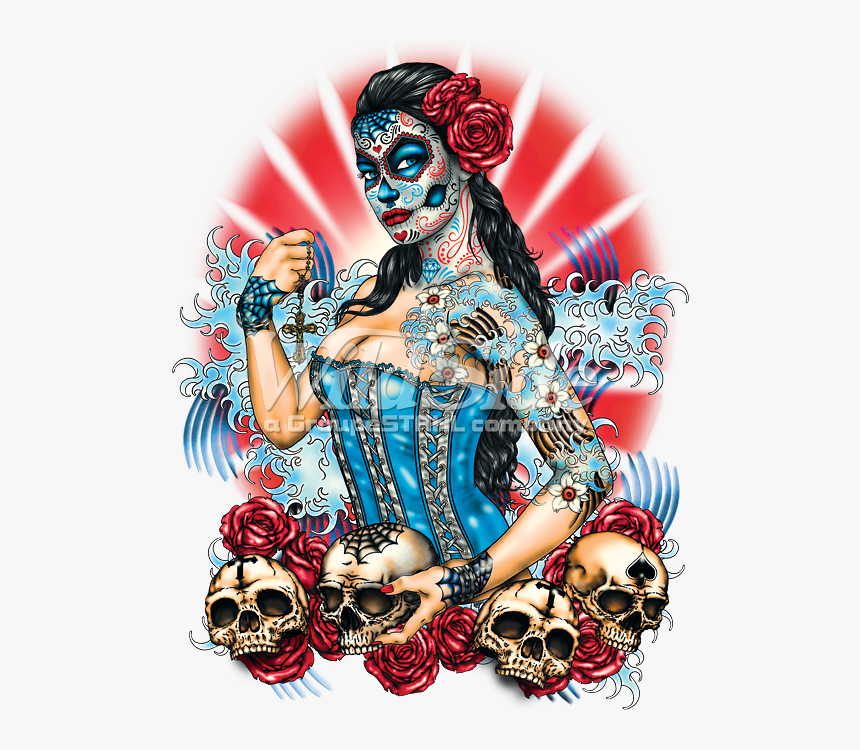 Day Of The Dead Pinup With Skulls And Roses - Day Of The Dead Pinup, HD Png Download