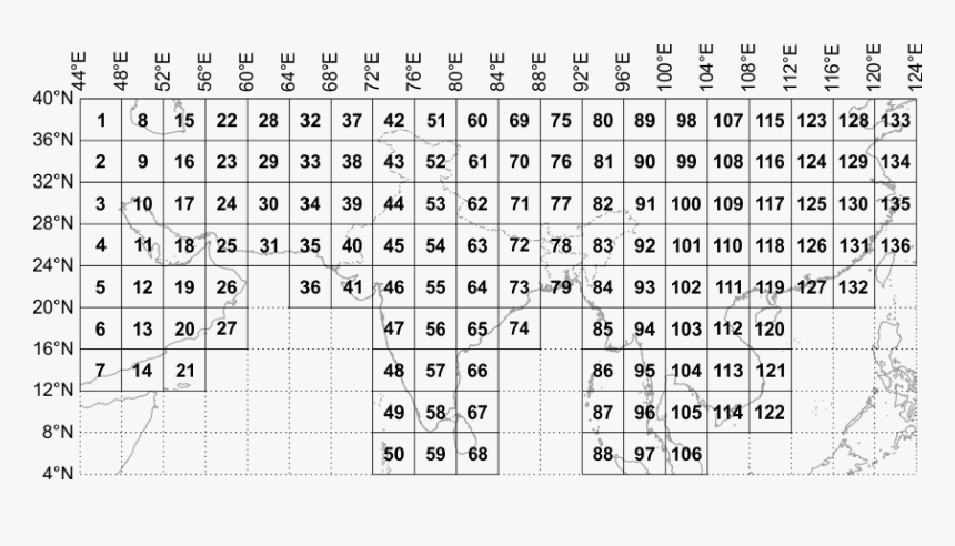 India And Adjacent Countries Map Numbering 4°×4° Index - Index To Map Sheet, HD Png Download