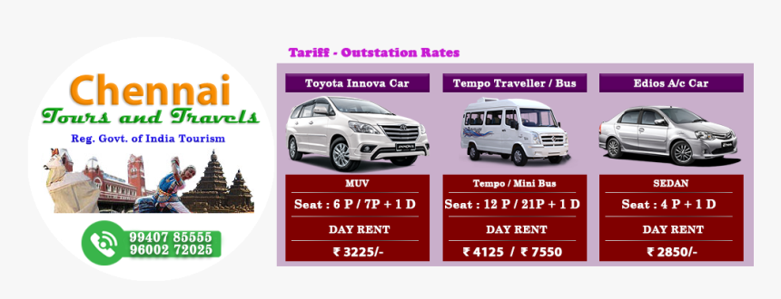 Tariff Outstation Rates Chennai Tours And Travels - Travels In Chennai, HD Png Download