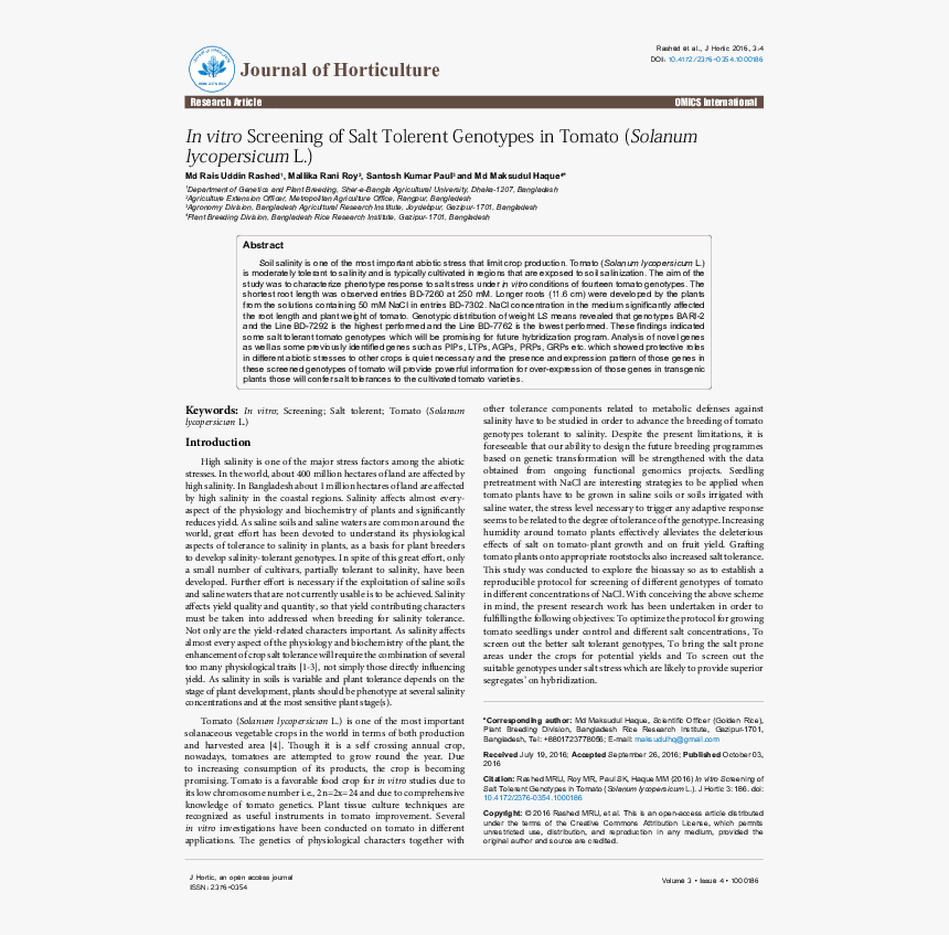 In Vitro Screening Of Salt Tolerent Genotypes In Tomato - Microbiological Quality Assessment Of Different Food, HD Png Download