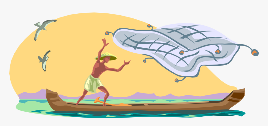 Vector Illustration Of Asian Fisherman Angler Casts - Fisherman With Net Clipart, HD Png Download