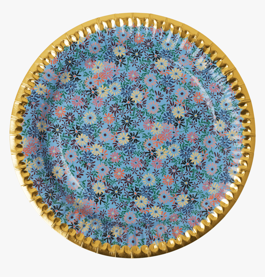 Paper Plates With Small Flower Print And Gold Border, HD Png Download