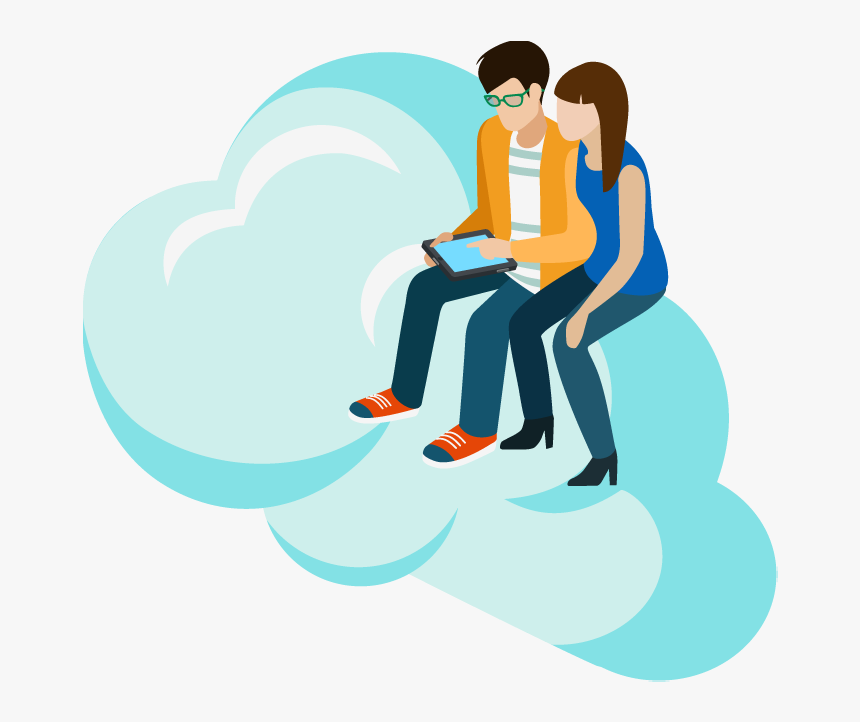 Man Showing Woman Tablet Pc On Cloud - Man & Woman With Pc Png, Transparent Png