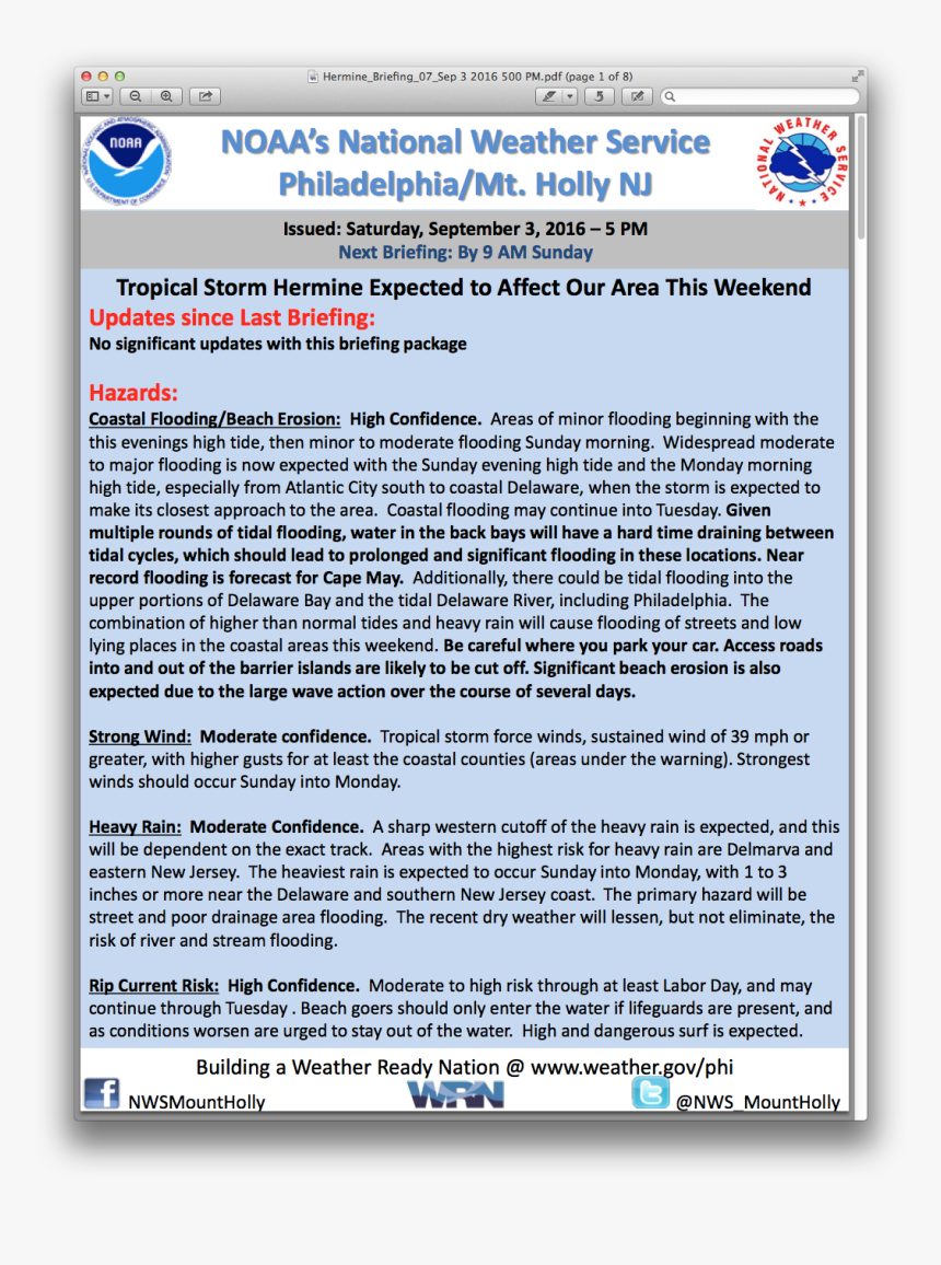 Hermine Saturday 5pm Nws - National Weather Service, HD Png Download