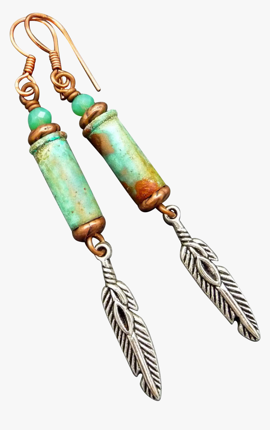 Rustic Patina Bullet Shell Earrings With Silver Feather - Earrings, HD Png Download