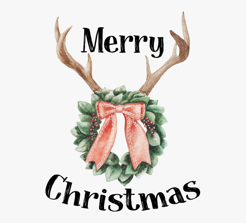 Merry Christmas Deer Antlers And Wreath - Christmas Watercolor Deer Antlers, HD Png Download