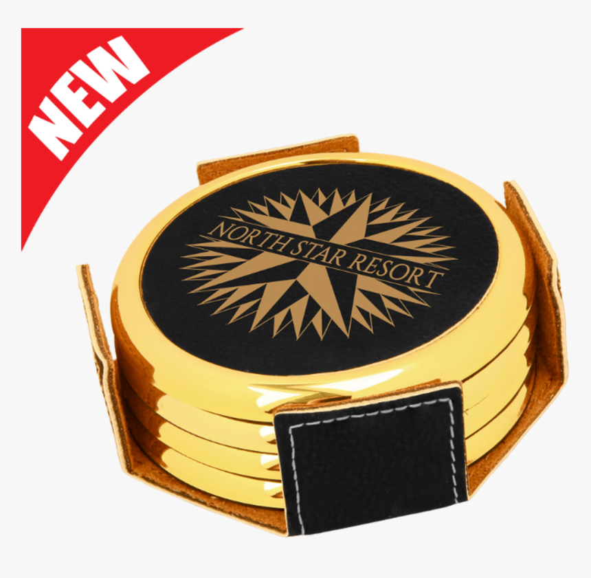Round Black Leatherette With Gold Edge 4-coaster Set - Round Leatherette Coasters Laser, HD Png Download