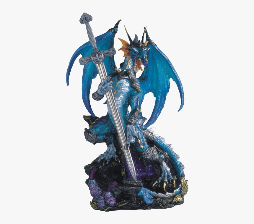 Armored Blue Dragon And Sword Statue - Dragon With A Sword, HD Png Download