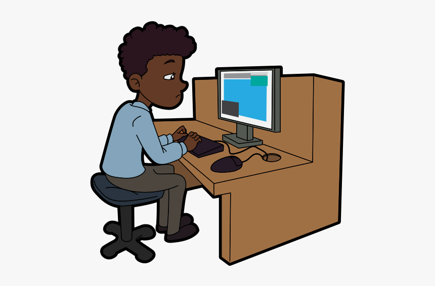 Black Cartoon Male Using A Desktop Computer At Work - Male On Computer Cartoon, HD Png Download