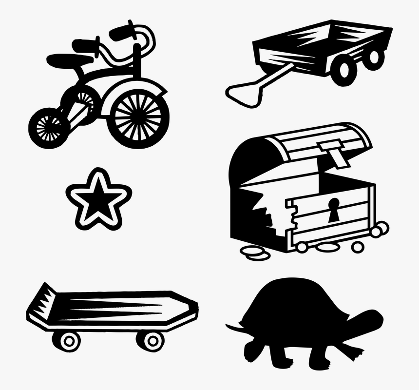 Children Toys, Tricycle, Skateboard, Treasure Chest - Free Toys Clipart Black And White Free, HD Png Download