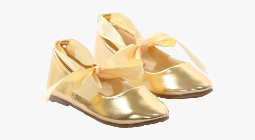 Gold Ballet Flats Girls Dress Shoes With Ribbon Tie - Girls Gold Dress Shoes, HD Png Download