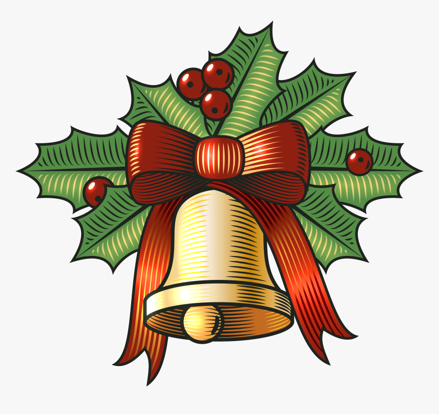 Large Christmas Bell With Holly Png Clip Art Image - Clip Art Christmas Bells Holly, Transparent Png