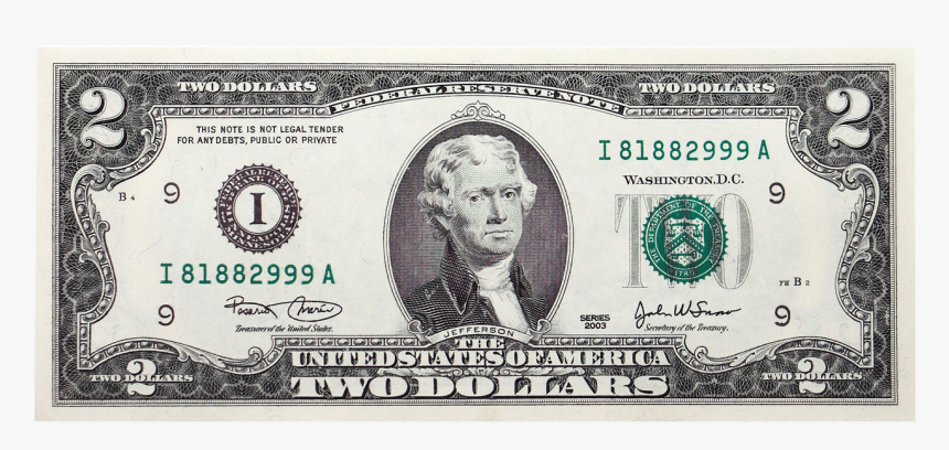 Two Dollar Bill Png Transparent Image - 2 Dollar Bill Transparent, Png Download