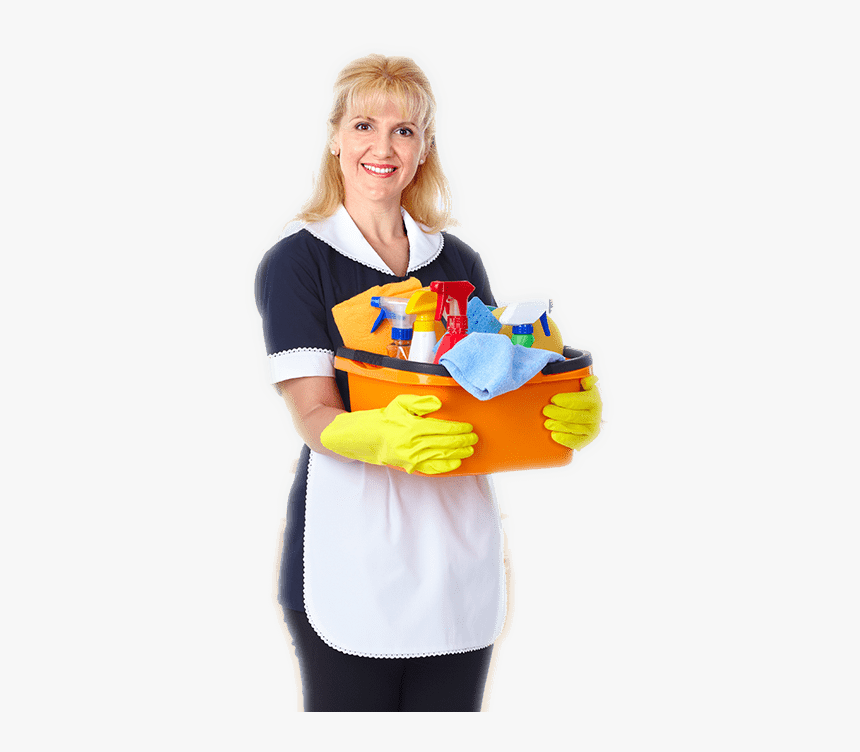 Smiling Lady Standing And Holding Bucket Full Of Bottles - Горничная, HD Png Download