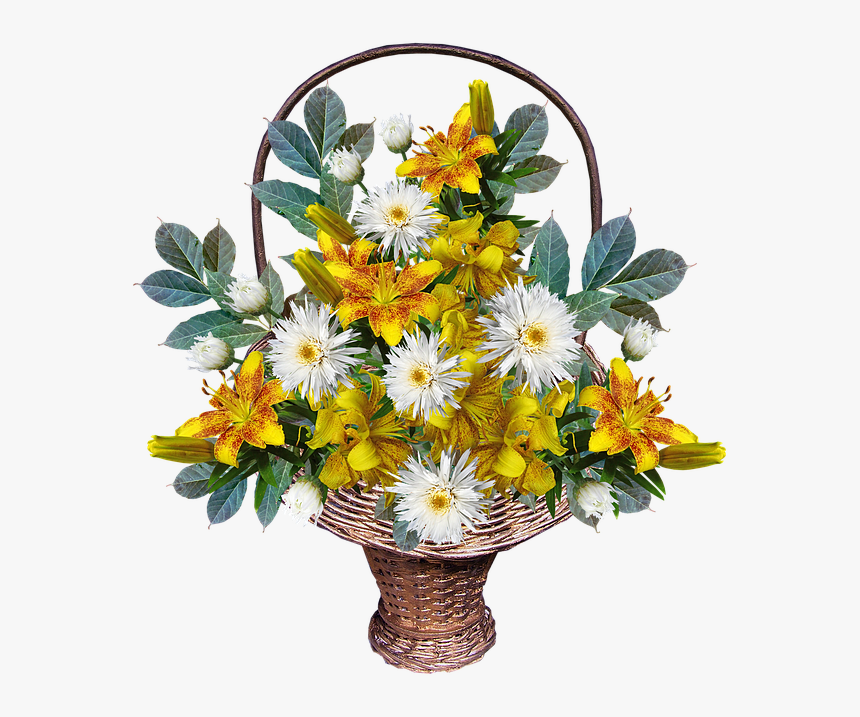 Flowers, Basket, Arrangement, Yellow, Leaves, Lilies - Flower Basket Png, Transparent Png
