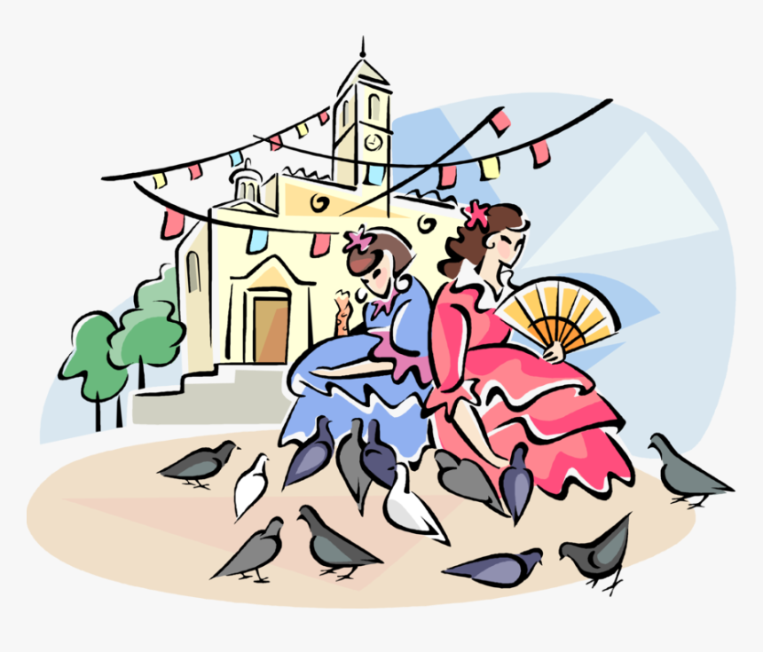 Vector Illustration Of Spanish Girls Feeding The Pigeon - Spanish Illustration Png, Transparent Png