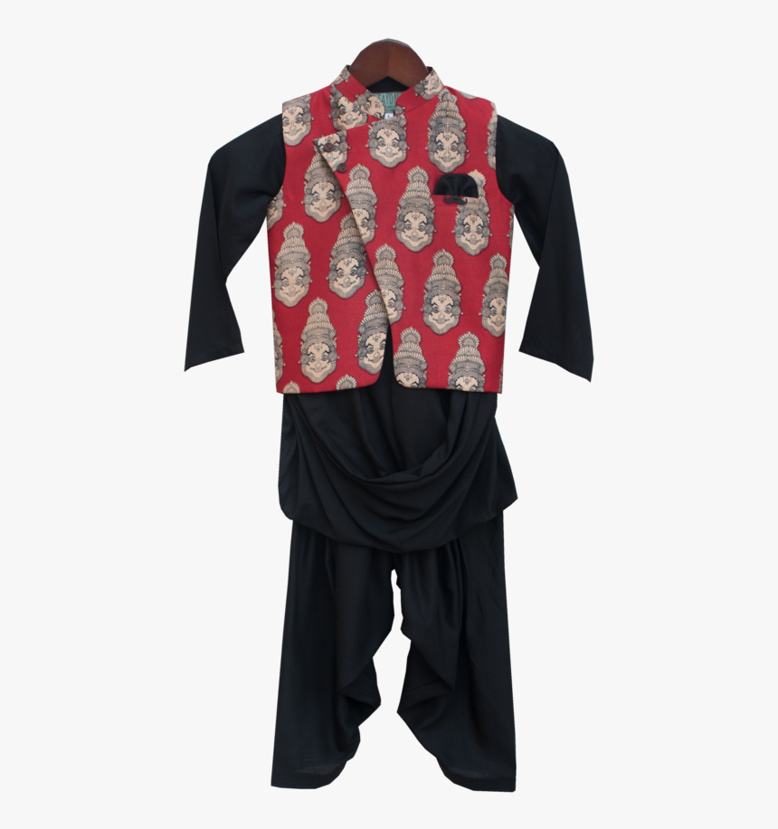 Red Printed Nehru Jacket With Black Kurta & Salwar - Costume, HD Png Download