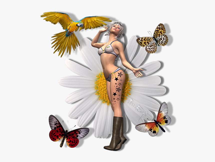 Pretty 3d Woman With Macaw And Butterflies, HD Png Download