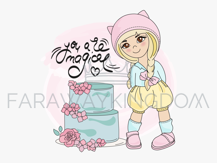 Cake Girl Cartoon Children Birthday Vector Illustration - Illustration, HD Png Download
