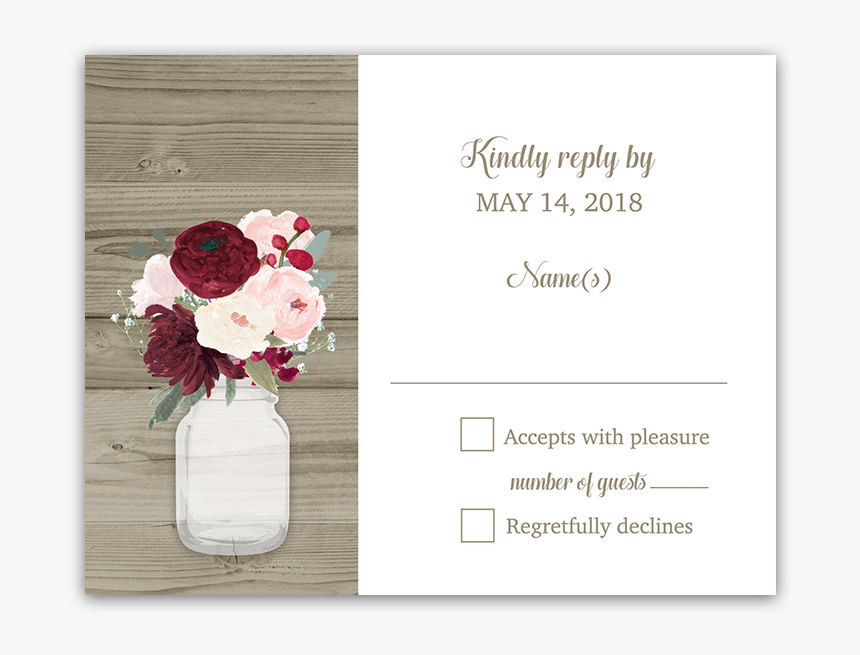 Rustic Mason Jar Burgundy Floral Wedding Rsvp Cards - Mason Jar With Burgundy Flowers, HD Png Download