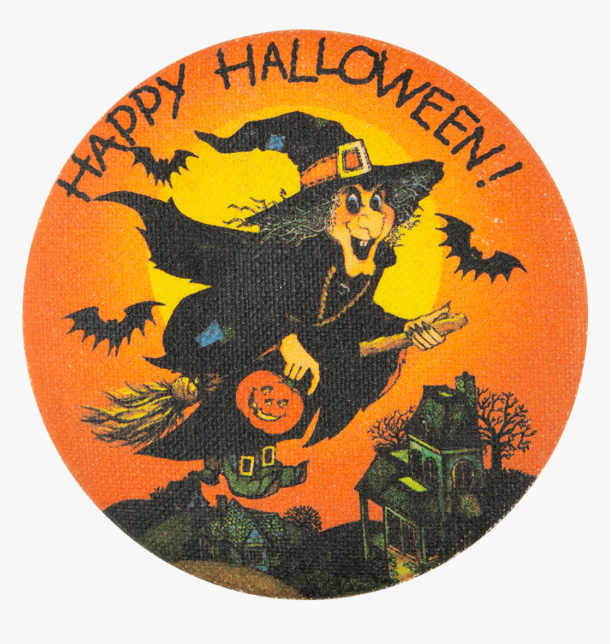 Happy Halloween Witch Over Houses Event Button Museum - Illustration, HD Png Download