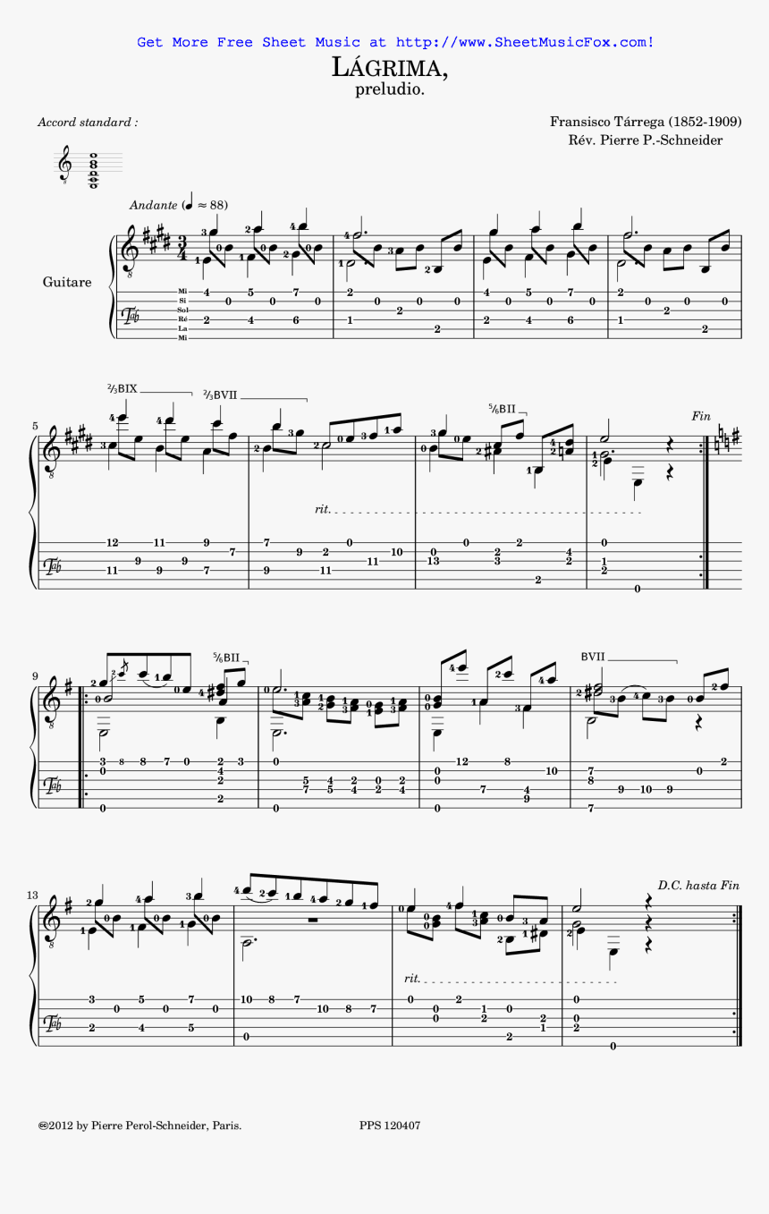 Lágrima Sheet Music - Sheet Music, HD Png Download