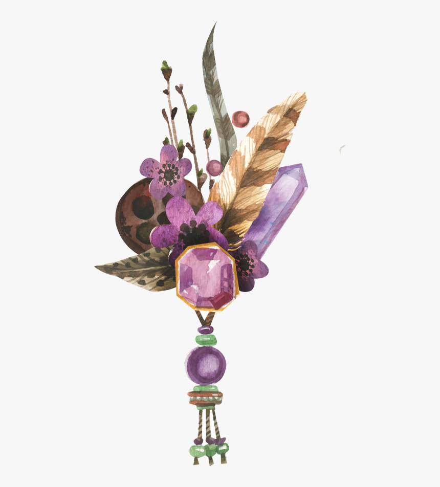 Boho Bohemian Design Sticker Feathers Feather - Crystal Flower Watercolor Png, Transparent Png
