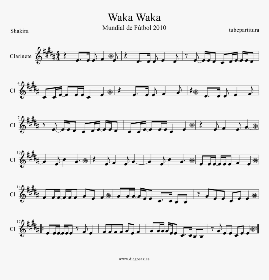 Tubescore Sheet Music Waka Waka For Clarinet - Waka Waka Notes For Piano, HD Png Download
