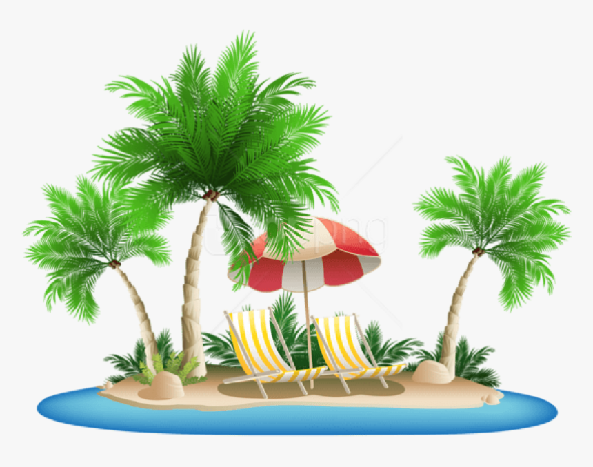 Free Png Download Beach Umbrella With Chairs And Palm - Beach Palm Trees Png, Transparent Png