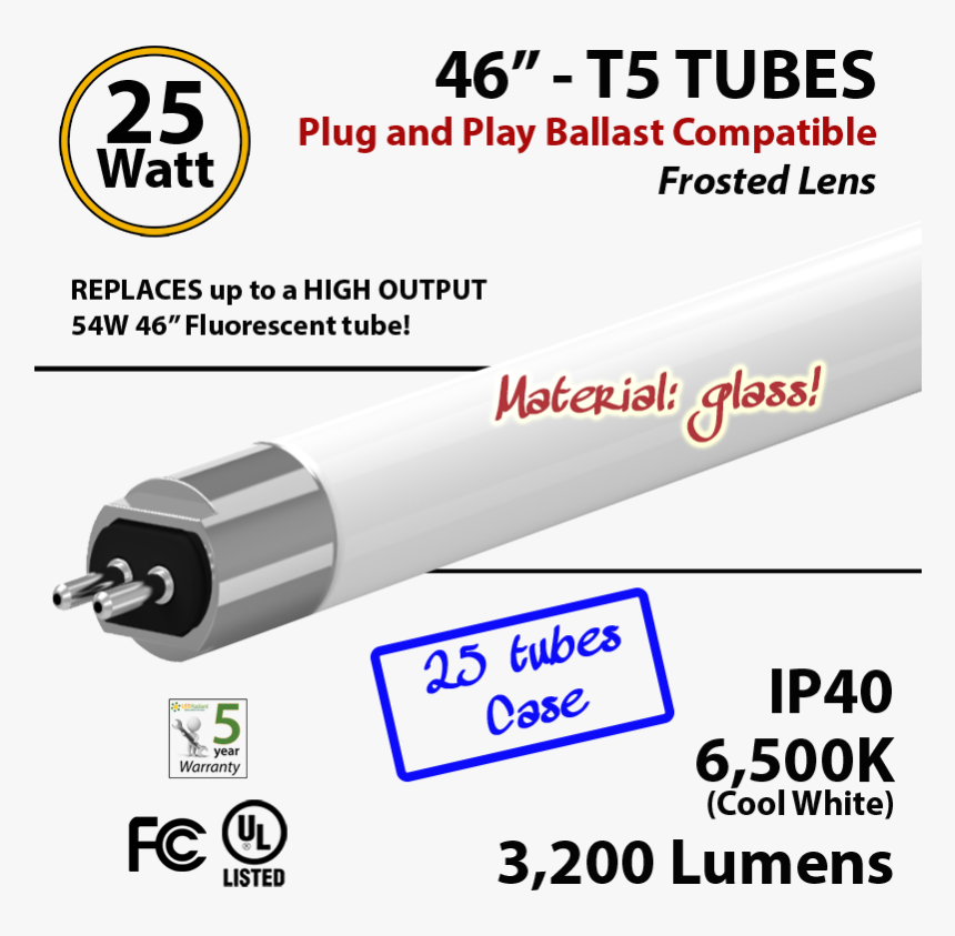 Led T5 Glass Tube Light 25 Watts 6500k Frosted Lens - Cable, HD Png Download