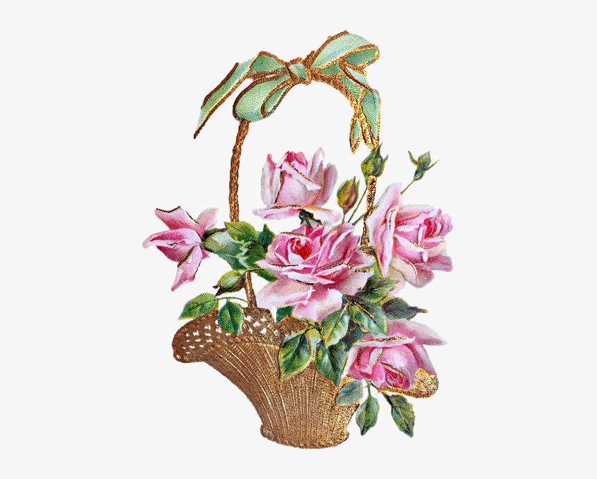 Vintage, Roses, Flower Basket, Loop, Gold, Pink - Vintage Birthday Card Roses, HD Png Download