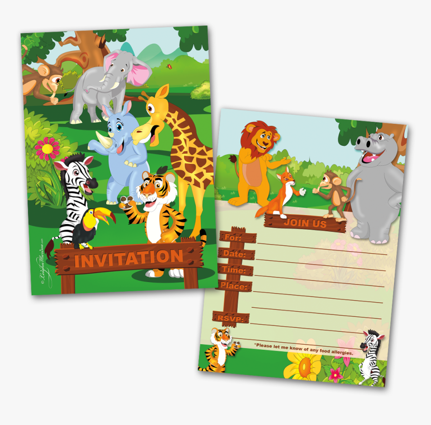 20 Kids Party Invitation Cards Jungle Animals Themed - Birthday Invitation Card Jungle Theme, HD Png Download