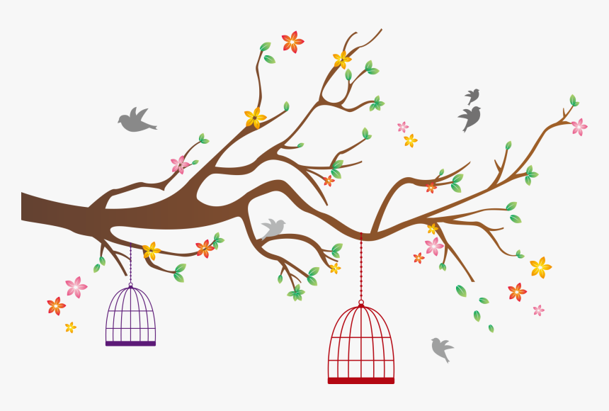 Vector Branch With Birdcage - Birdcage With Flowers Vector, HD Png Download