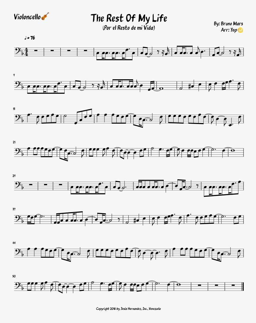 Bruno Mars Rest Of My Life Sheet Music, HD Png Download